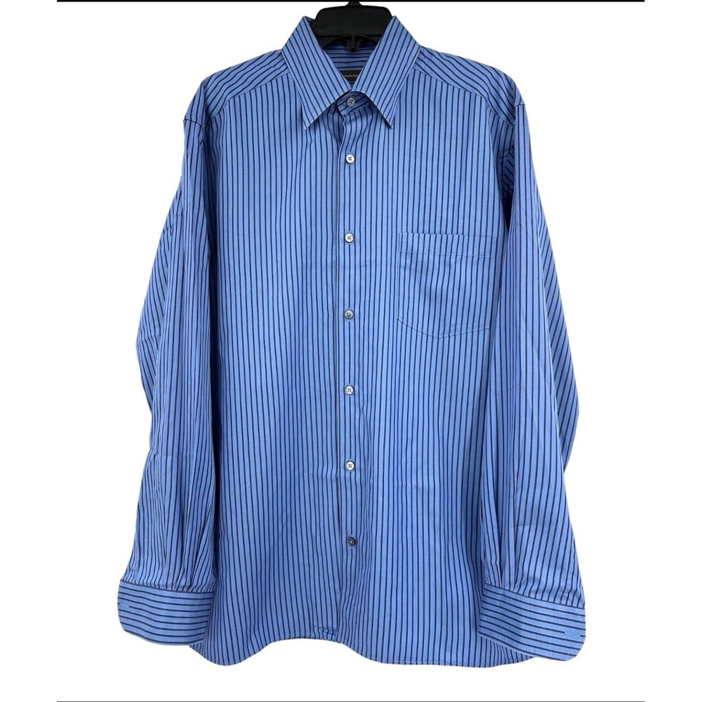 Ermenegildo Zegna Mens XXL Blue Striped Button Down Dress Shirt Italy Cotton